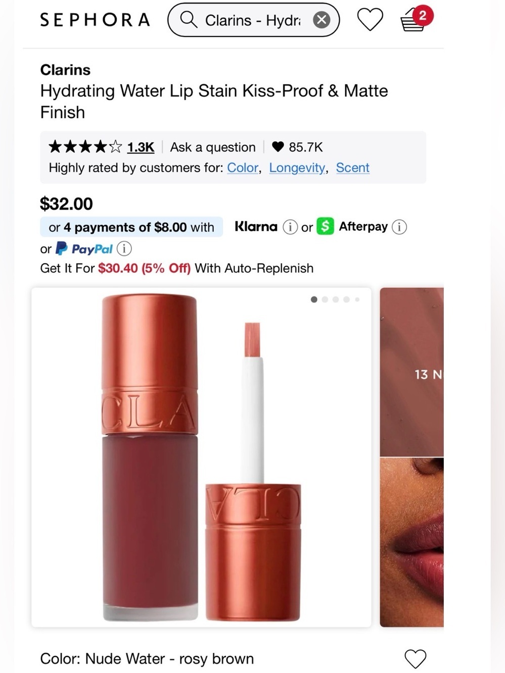 Clarins Hydrating Water Lip Stain in Rosewood Brown